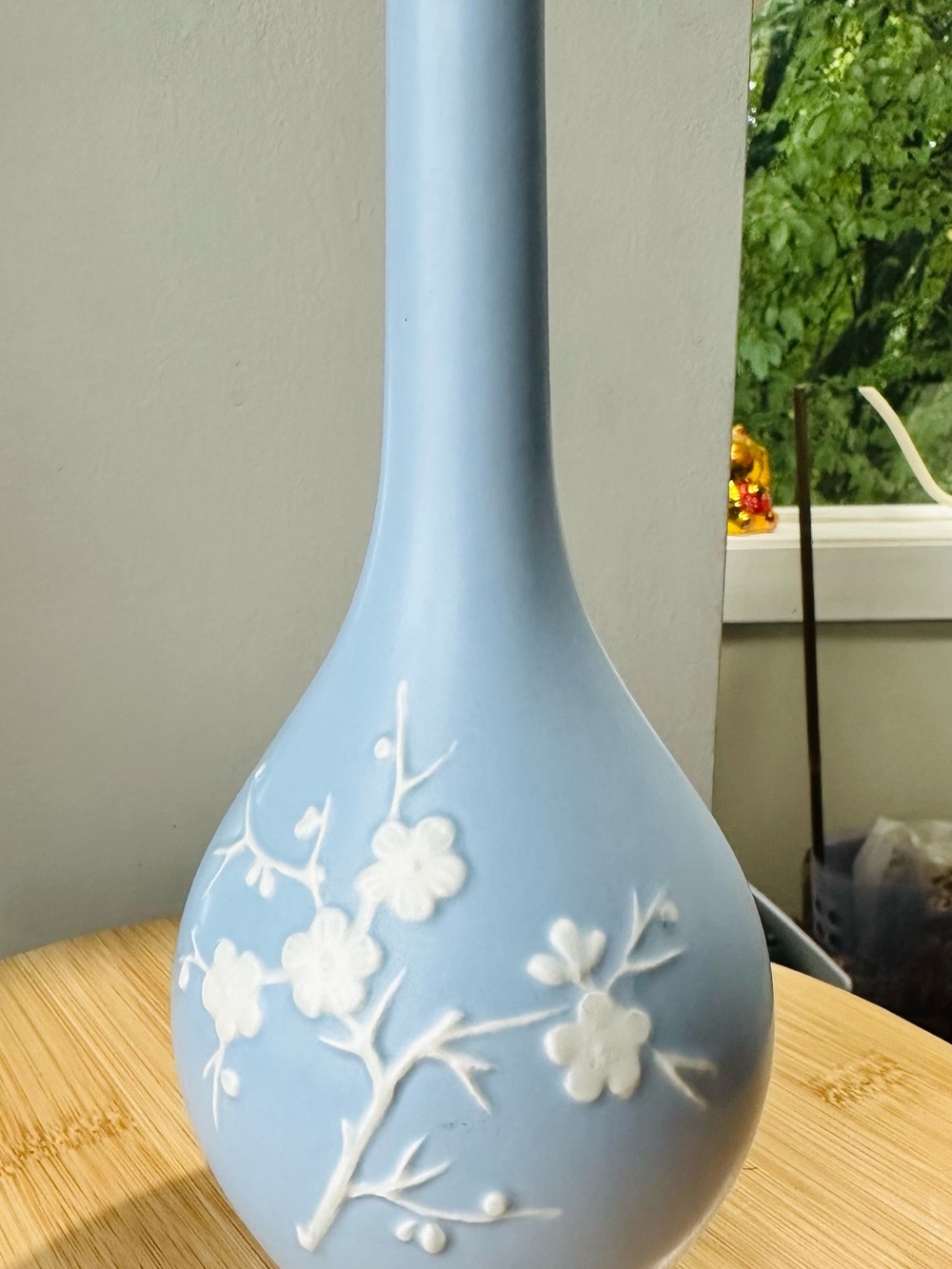Copeland Spode Pale Blue Bud Vase with White Floral “Geisha” Pattern
